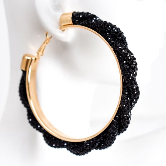 3" Boho Braid Twist Black Rhinestone Hoop Earrings - Picture 7 of 12